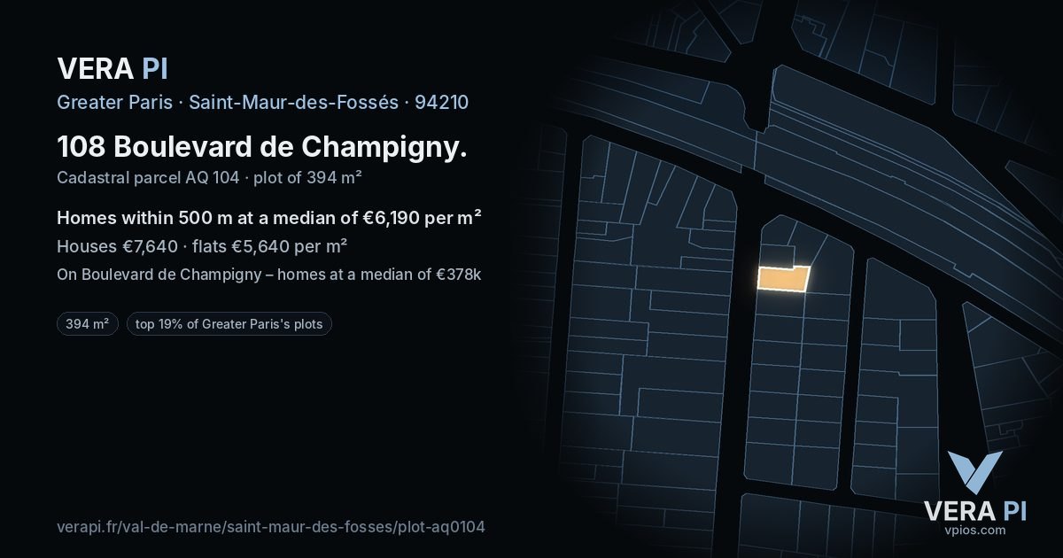 108 Boulevard de Champigny, Saint-Maur-des-Fossés at night – the plot lit, the parcels around coloured by the prices near them