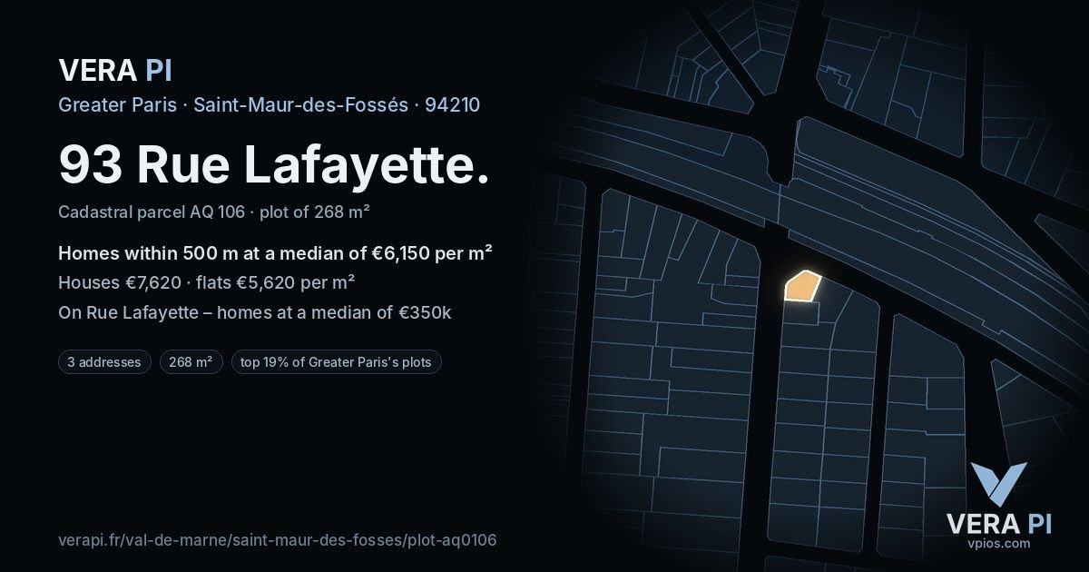 93 Rue Lafayette, Saint-Maur-des-Fossés at night – the plot lit, the parcels around coloured by the prices near them
