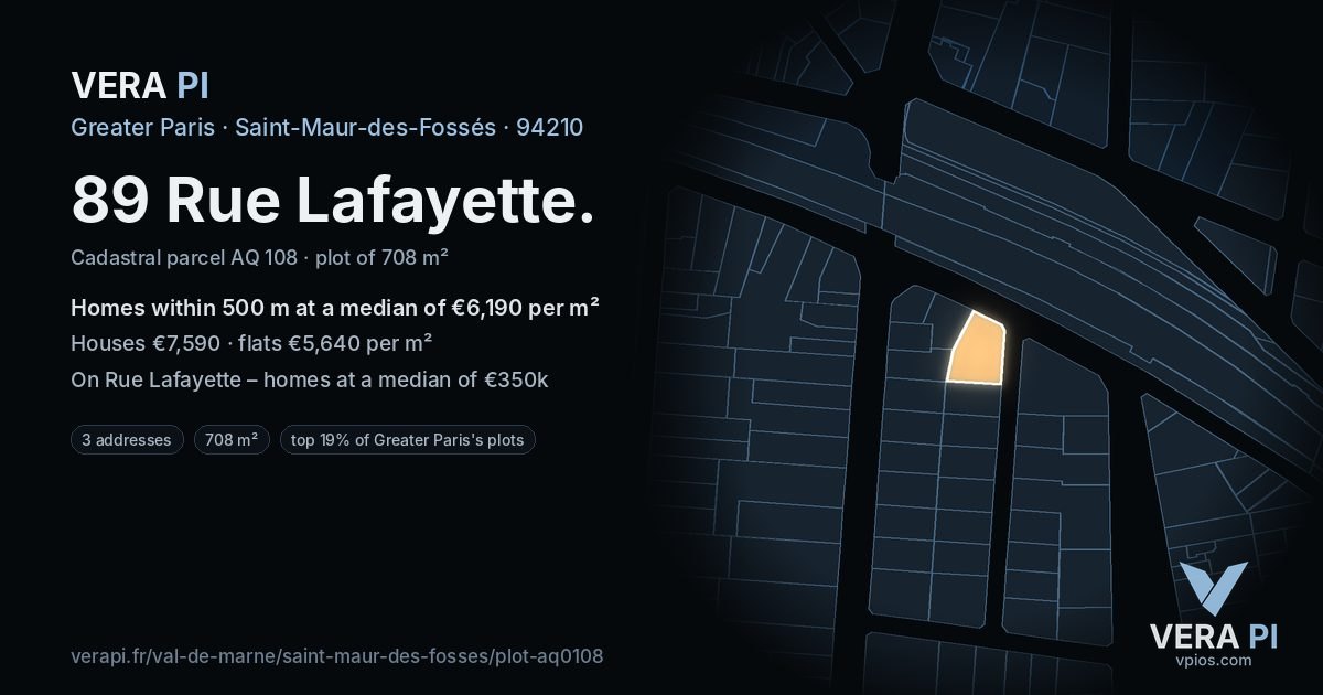 89 Rue Lafayette, Saint-Maur-des-Fossés at night – the plot lit, the parcels around coloured by the prices near them