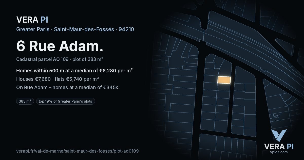 6 Rue Adam, Saint-Maur-des-Fossés at night – the plot lit, the parcels around coloured by the prices near them