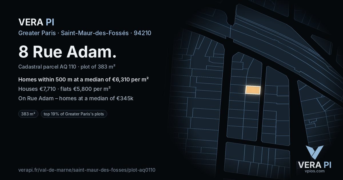 8 Rue Adam, Saint-Maur-des-Fossés at night – the plot lit, the parcels around coloured by the prices near them