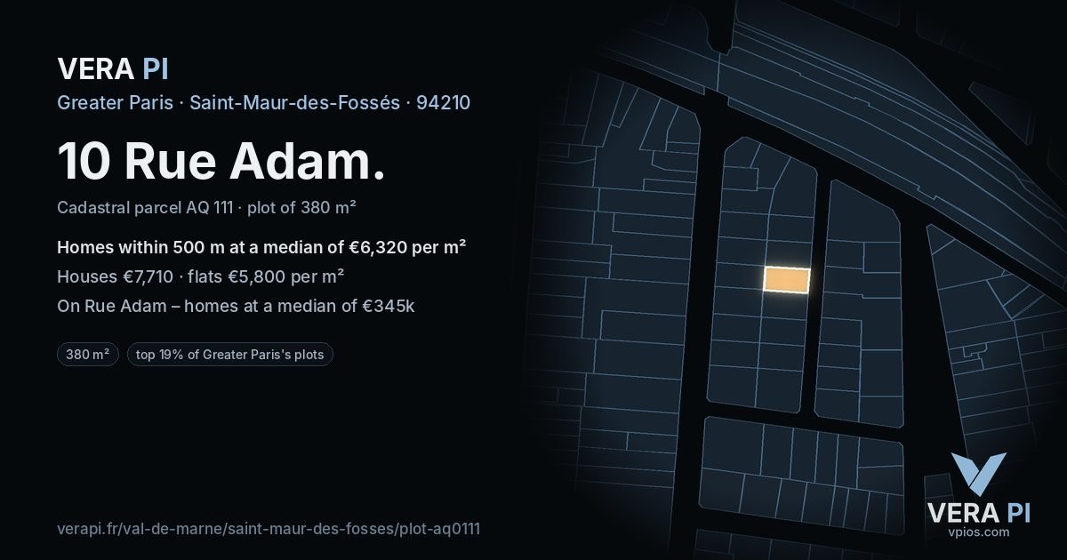 10 Rue Adam, Saint-Maur-des-Fossés at night – the plot lit, the parcels around coloured by the prices near them