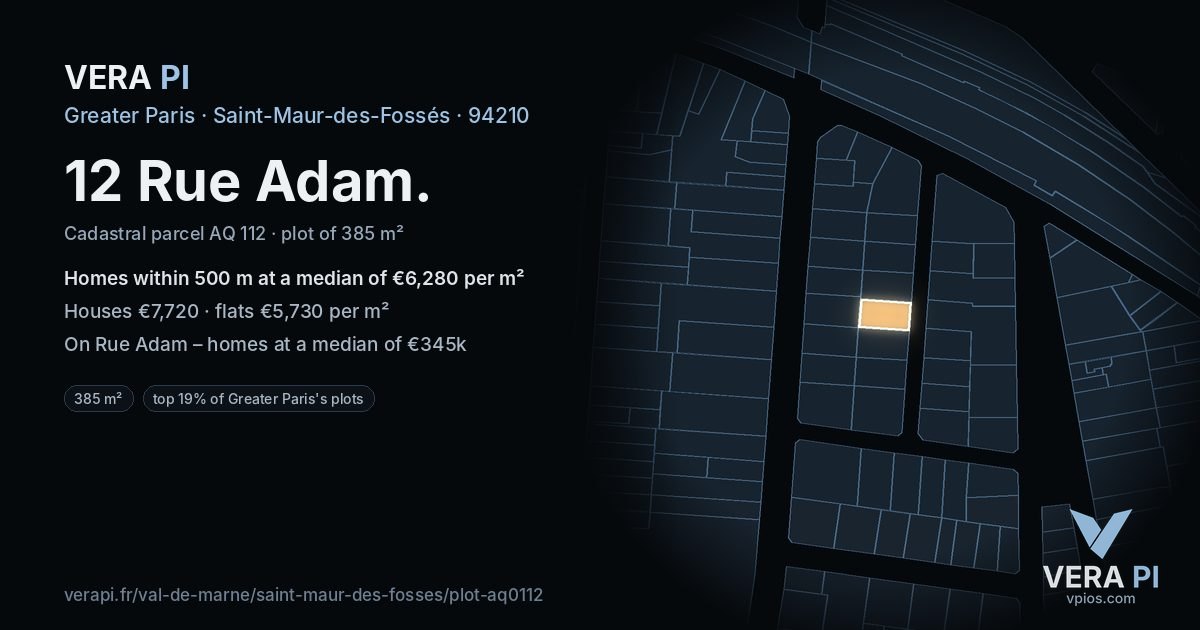 12 Rue Adam, Saint-Maur-des-Fossés at night – the plot lit, the parcels around coloured by the prices near them