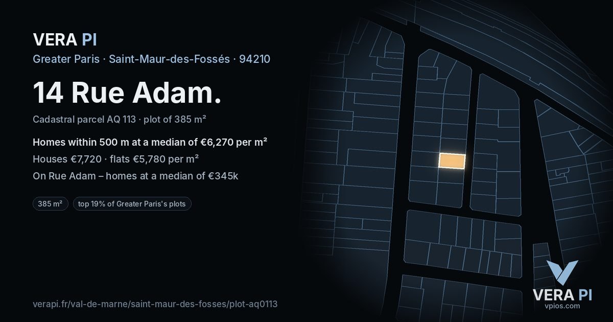 14 Rue Adam, Saint-Maur-des-Fossés at night – the plot lit, the parcels around coloured by the prices near them