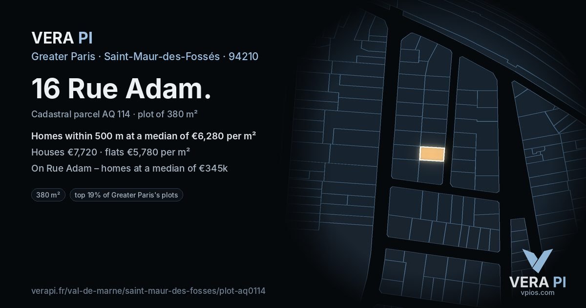 16 Rue Adam, Saint-Maur-des-Fossés at night – the plot lit, the parcels around coloured by the prices near them