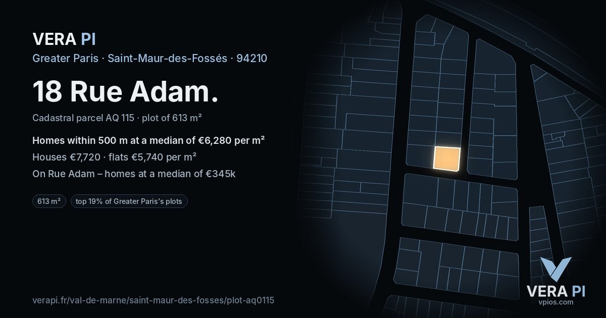 18 Rue Adam, Saint-Maur-des-Fossés at night – the plot lit, the parcels around coloured by the prices near them