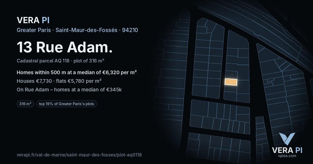 13 Rue Adam, Saint-Maur-des-Fossés at night – the plot lit, the parcels around coloured by the prices near them