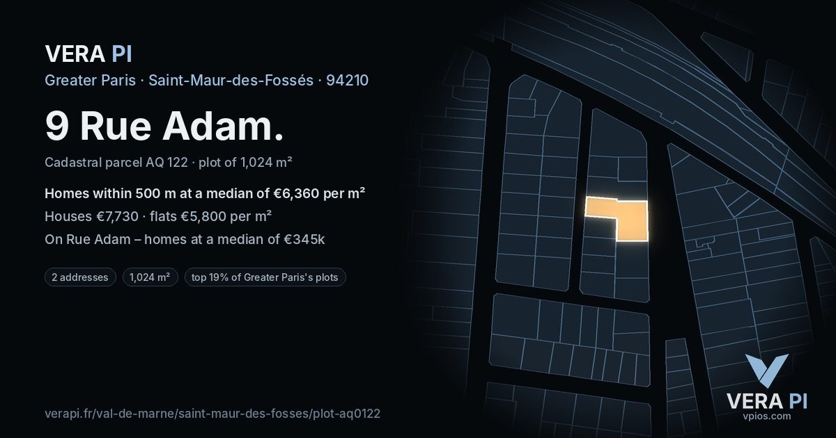 9 Rue Adam, Saint-Maur-des-Fossés at night – the plot lit, the parcels around coloured by the prices near them