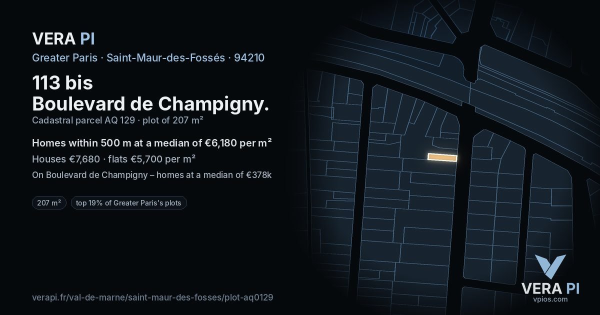 113 bis Boulevard de Champigny, Saint-Maur-des-Fossés at night – the plot lit, the parcels around coloured by the prices near them
