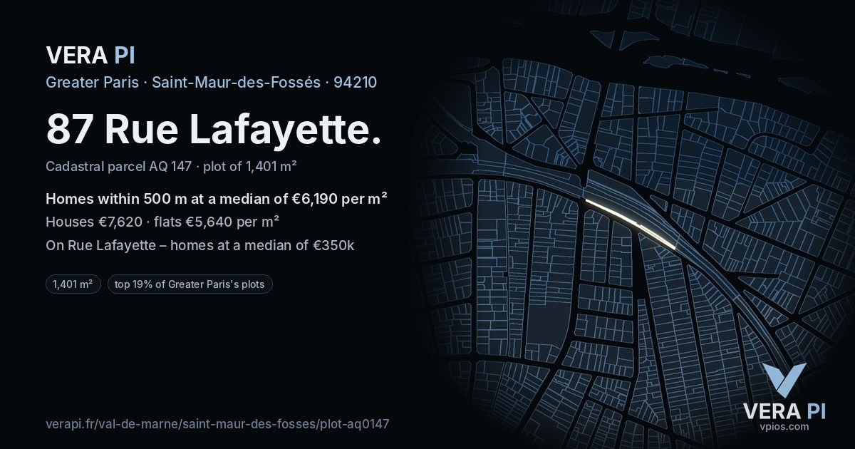 87 Rue Lafayette, Saint-Maur-des-Fossés at night – the plot lit, the parcels around coloured by the prices near them