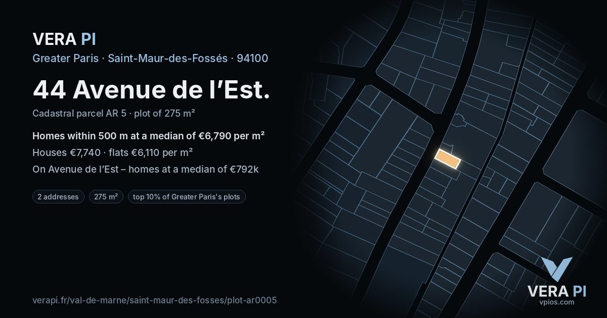 44 Avenue de l’Est, Saint-Maur-des-Fossés at night – the plot lit, the parcels around coloured by the prices near them