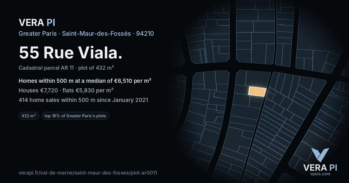 55 Rue Viala, Saint-Maur-des-Fossés at night – the plot lit, the parcels around coloured by the prices near them