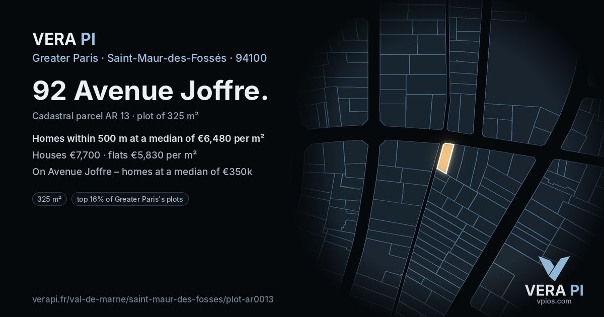 92 Avenue Joffre, Saint-Maur-des-Fossés at night – the plot lit, the parcels around coloured by the prices near them