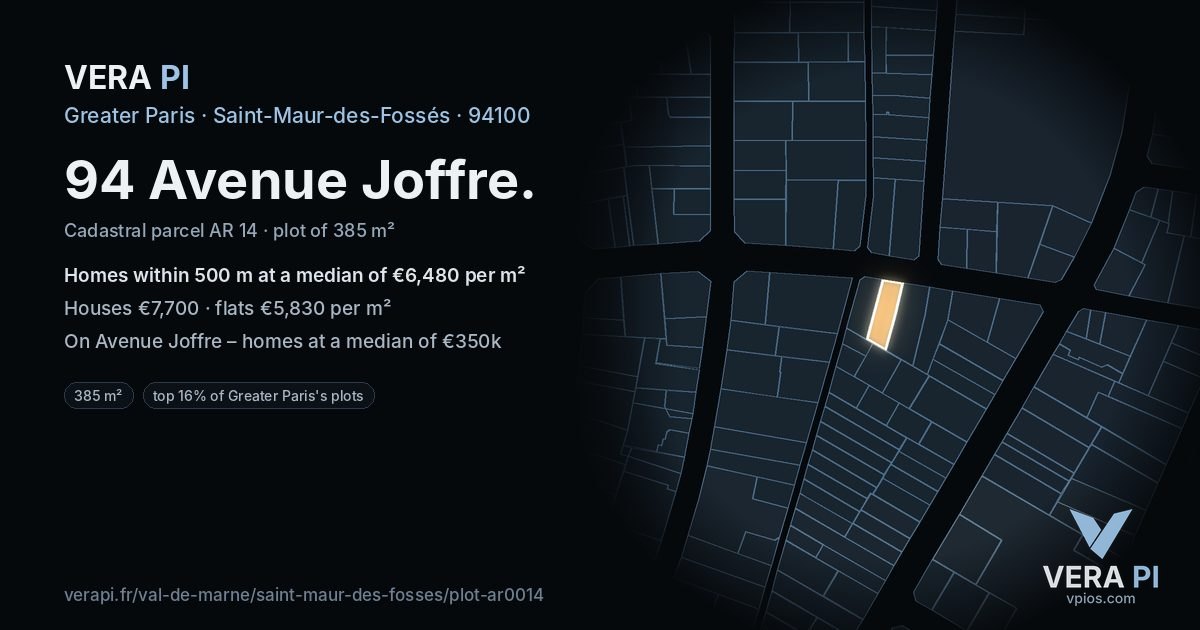 94 Avenue Joffre, Saint-Maur-des-Fossés at night – the plot lit, the parcels around coloured by the prices near them