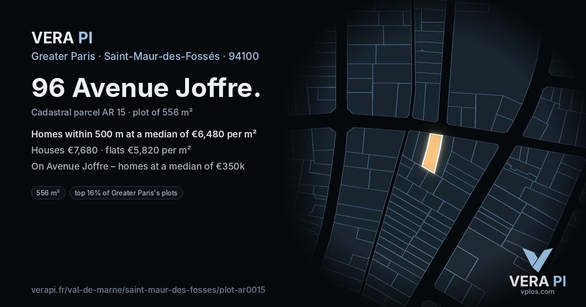 96 Avenue Joffre, Saint-Maur-des-Fossés at night – the plot lit, the parcels around coloured by the prices near them