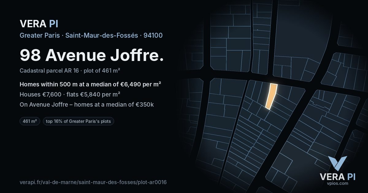 98 Avenue Joffre, Saint-Maur-des-Fossés at night – the plot lit, the parcels around coloured by the prices near them