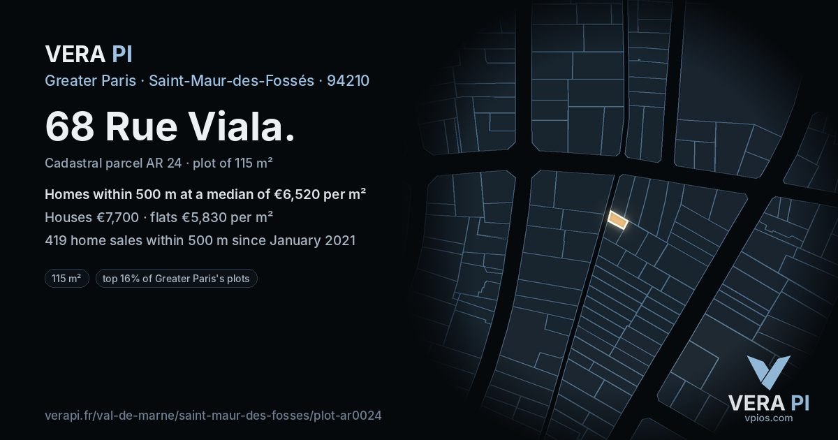 68 Rue Viala, Saint-Maur-des-Fossés at night – the plot lit, the parcels around coloured by the prices near them