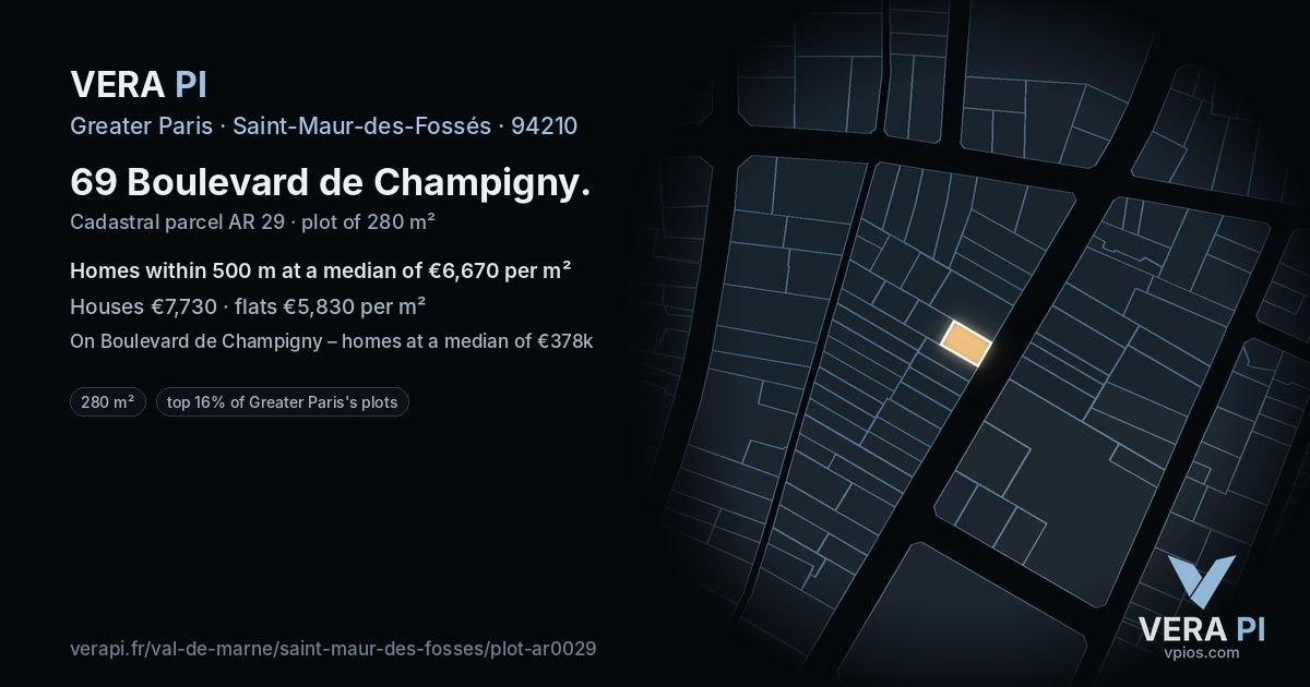 69 Boulevard de Champigny, Saint-Maur-des-Fossés at night – the plot lit, the parcels around coloured by the prices near them