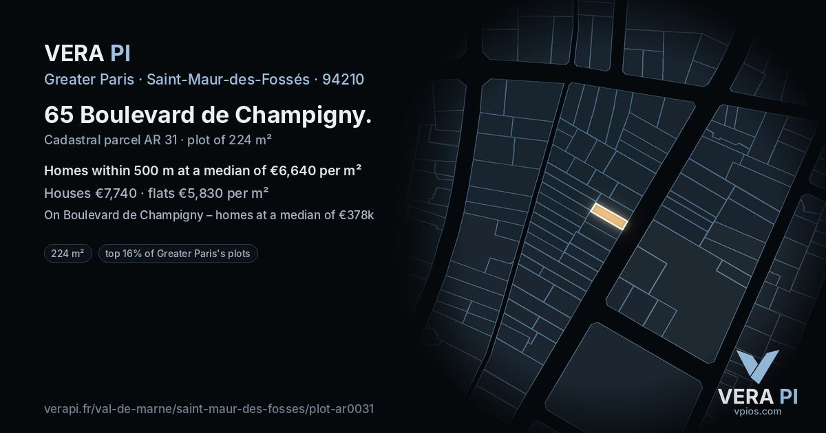 65 Boulevard de Champigny, Saint-Maur-des-Fossés at night – the plot lit, the parcels around coloured by the prices near them