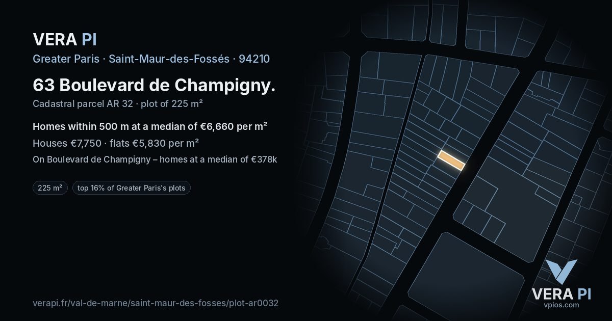 63 Boulevard de Champigny, Saint-Maur-des-Fossés at night – the plot lit, the parcels around coloured by the prices near them