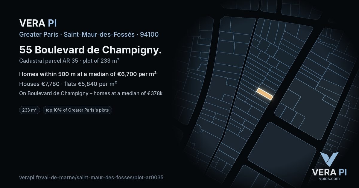 55 Boulevard de Champigny, Saint-Maur-des-Fossés at night – the plot lit, the parcels around coloured by the prices near them