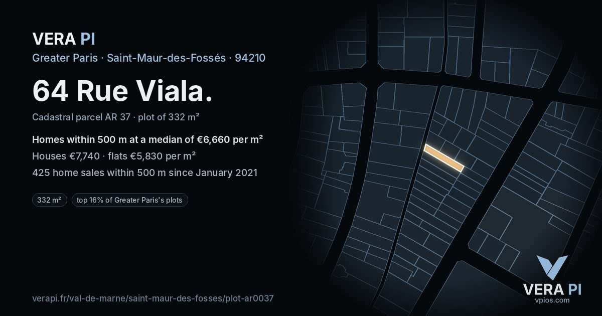 64 Rue Viala, Saint-Maur-des-Fossés at night – the plot lit, the parcels around coloured by the prices near them