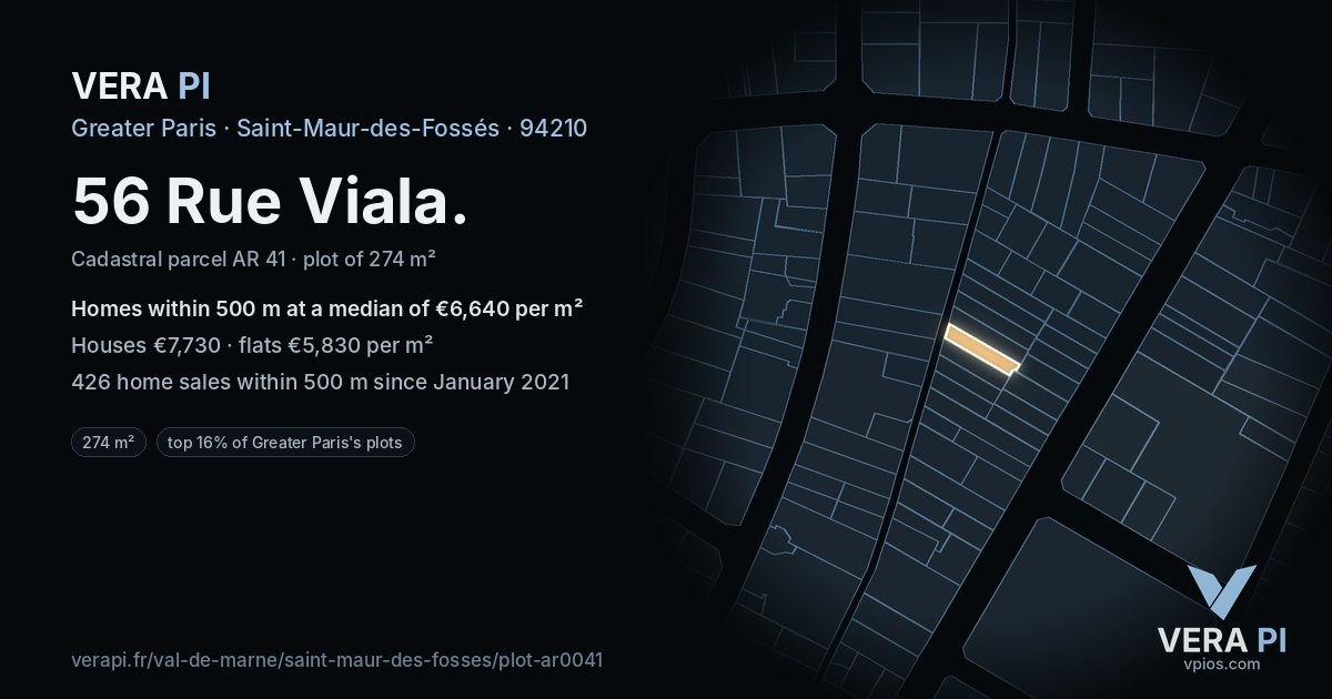 56 Rue Viala, Saint-Maur-des-Fossés at night – the plot lit, the parcels around coloured by the prices near them