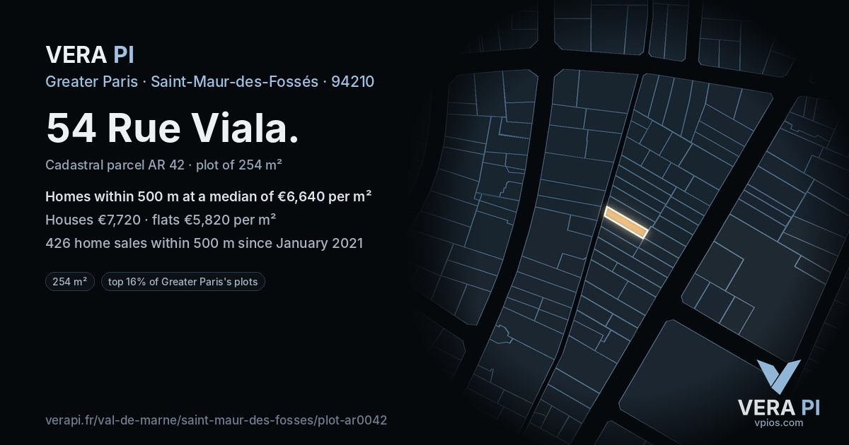54 Rue Viala, Saint-Maur-des-Fossés at night – the plot lit, the parcels around coloured by the prices near them