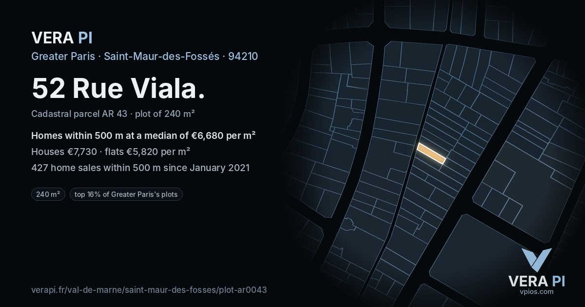 52 Rue Viala, Saint-Maur-des-Fossés at night – the plot lit, the parcels around coloured by the prices near them