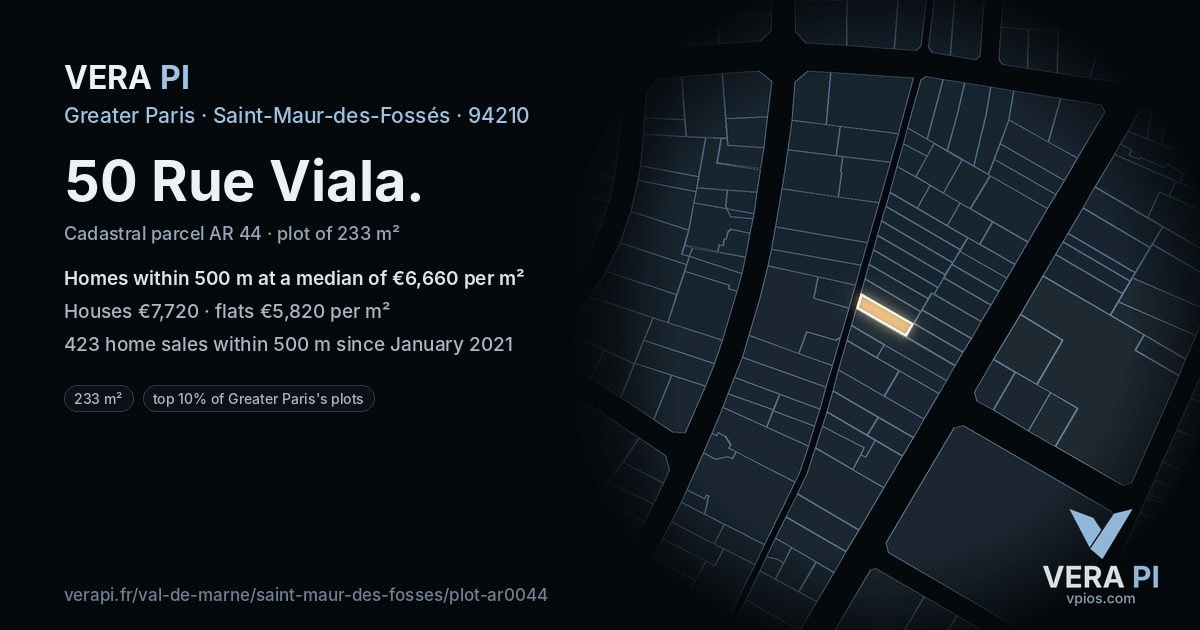 50 Rue Viala, Saint-Maur-des-Fossés at night – the plot lit, the parcels around coloured by the prices near them