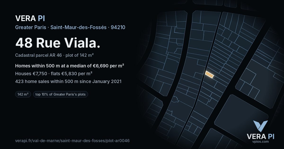 48 Rue Viala, Saint-Maur-des-Fossés at night – the plot lit, the parcels around coloured by the prices near them