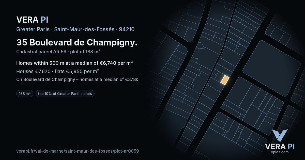 35 Boulevard de Champigny, Saint-Maur-des-Fossés at night – the plot lit, the parcels around coloured by the prices near them