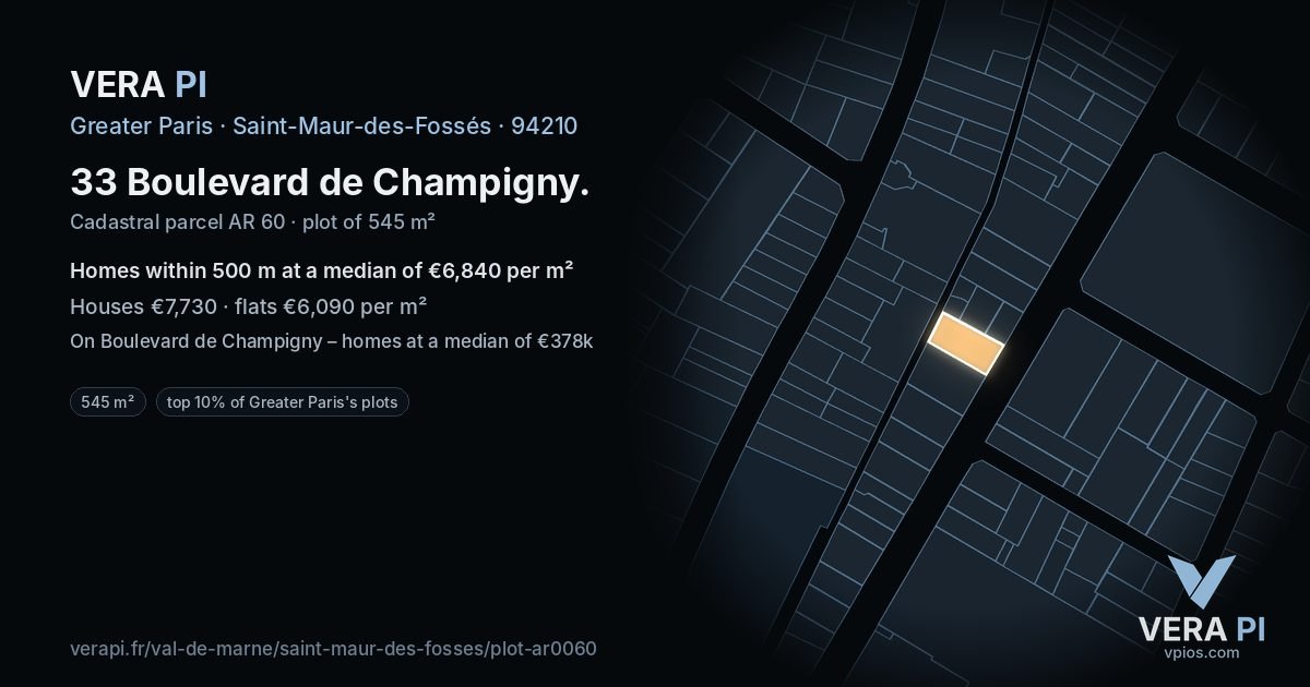 33 Boulevard de Champigny, Saint-Maur-des-Fossés at night – the plot lit, the parcels around coloured by the prices near them