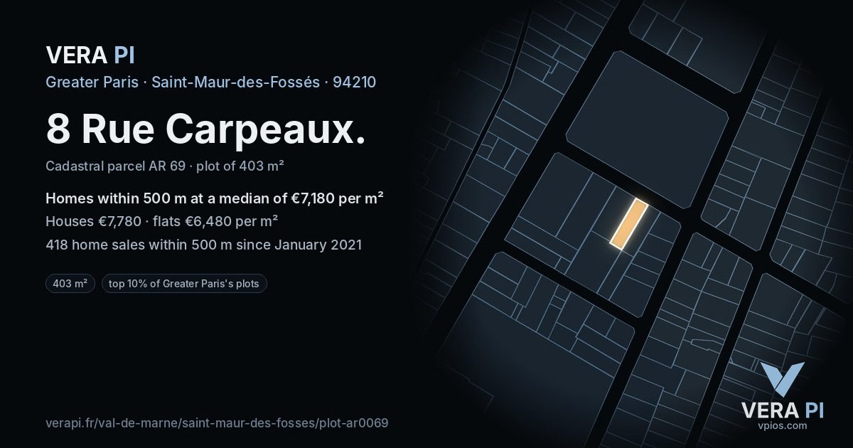8 Rue Carpeaux, Saint-Maur-des-Fossés at night – the plot lit, the parcels around coloured by the prices near them