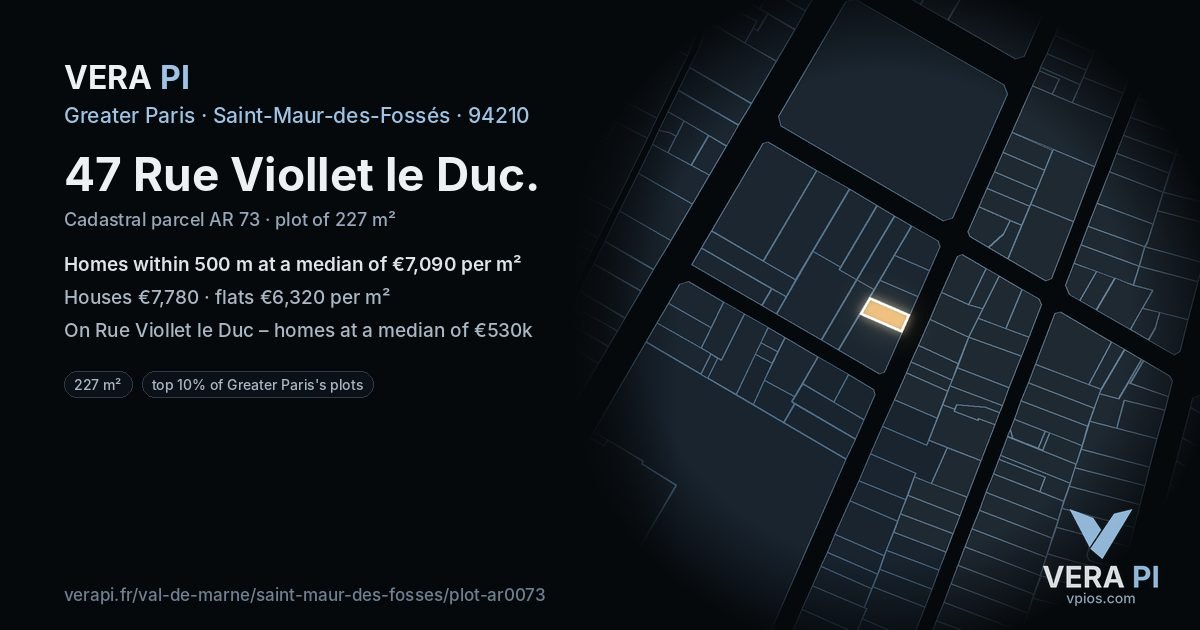 47 Rue Viollet le Duc, Saint-Maur-des-Fossés at night – the plot lit, the parcels around coloured by the prices near them