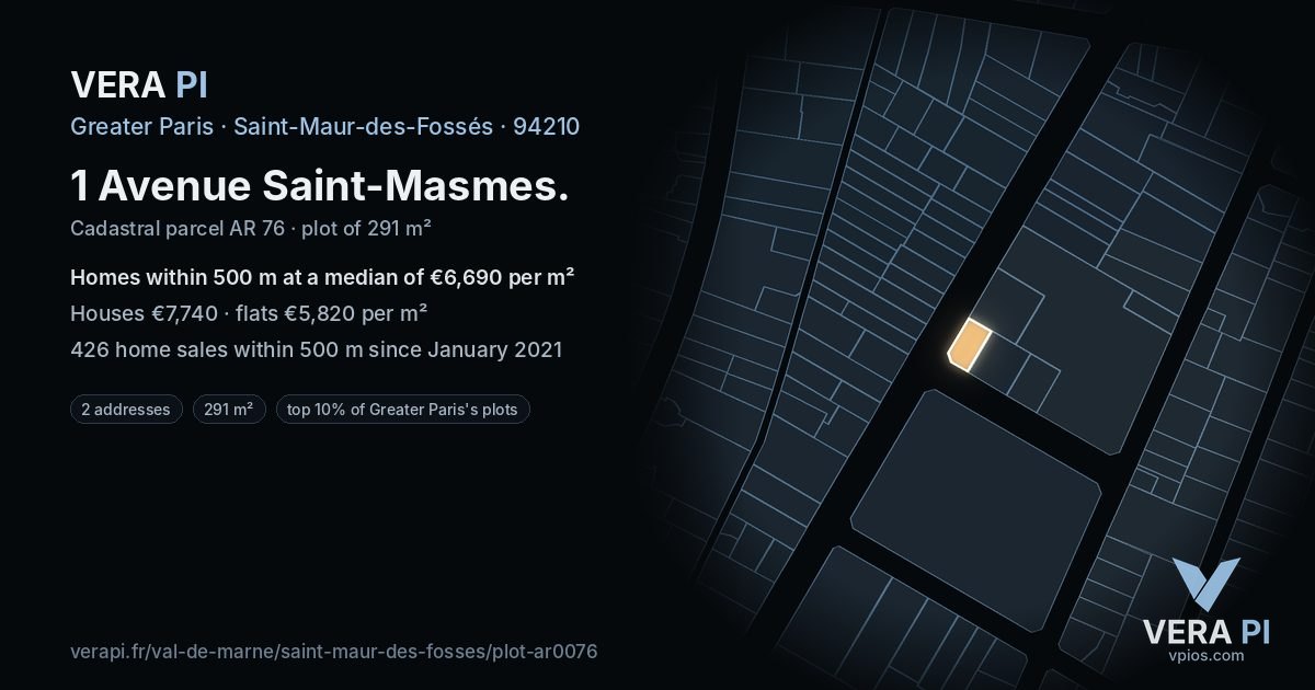 1 Avenue Saint-Masmes, Saint-Maur-des-Fossés at night – the plot lit, the parcels around coloured by the prices near them