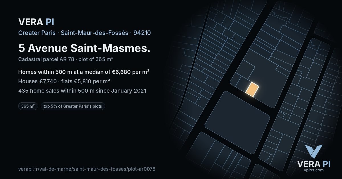 5 Avenue Saint-Masmes, Saint-Maur-des-Fossés at night – the plot lit, the parcels around coloured by the prices near them