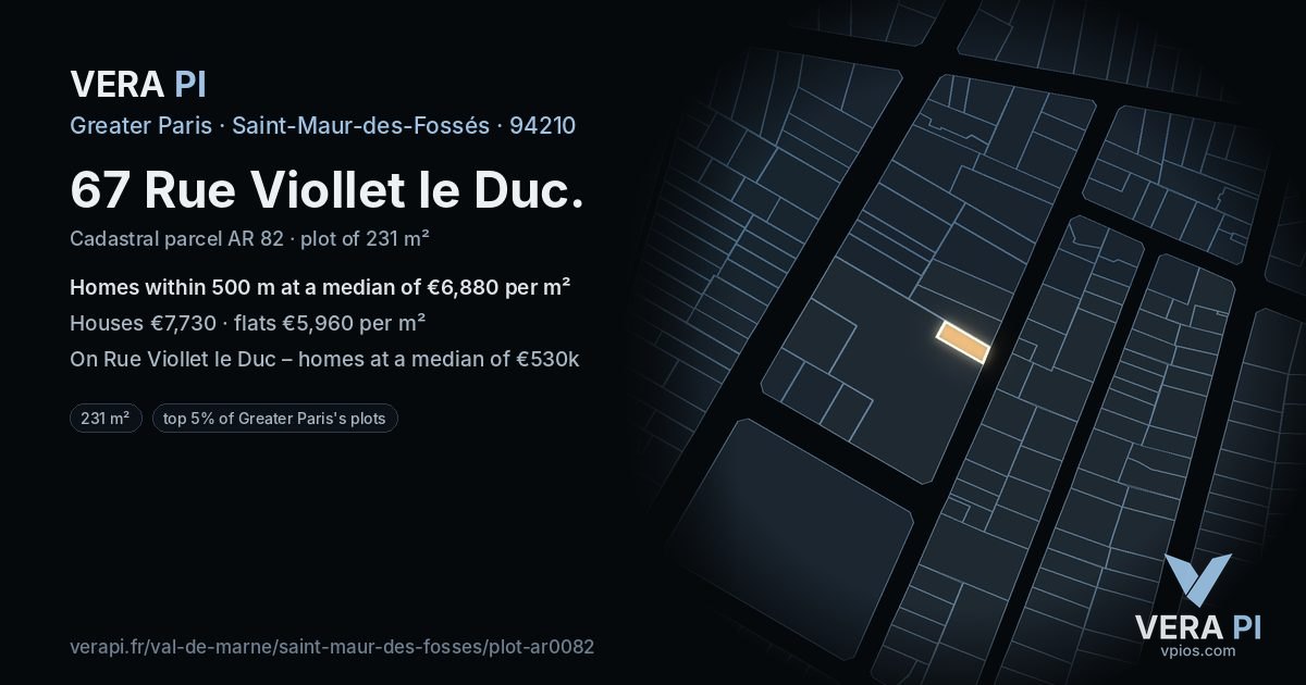 67 Rue Viollet le Duc, Saint-Maur-des-Fossés at night – the plot lit, the parcels around coloured by the prices near them