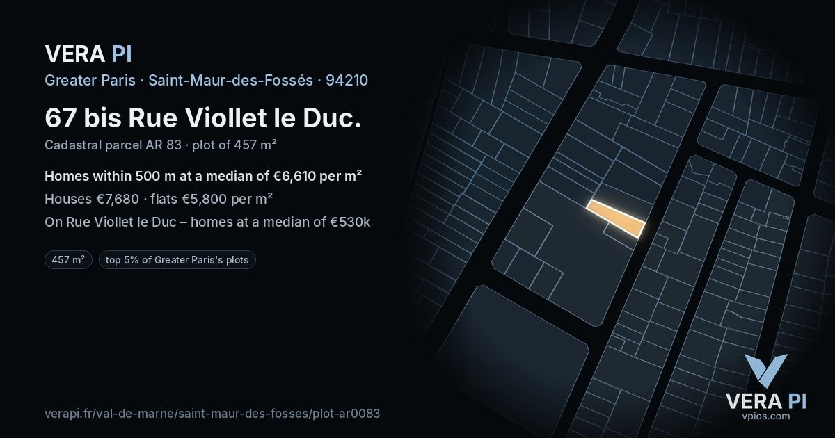 67 bis Rue Viollet le Duc, Saint-Maur-des-Fossés at night – the plot lit, the parcels around coloured by the prices near them