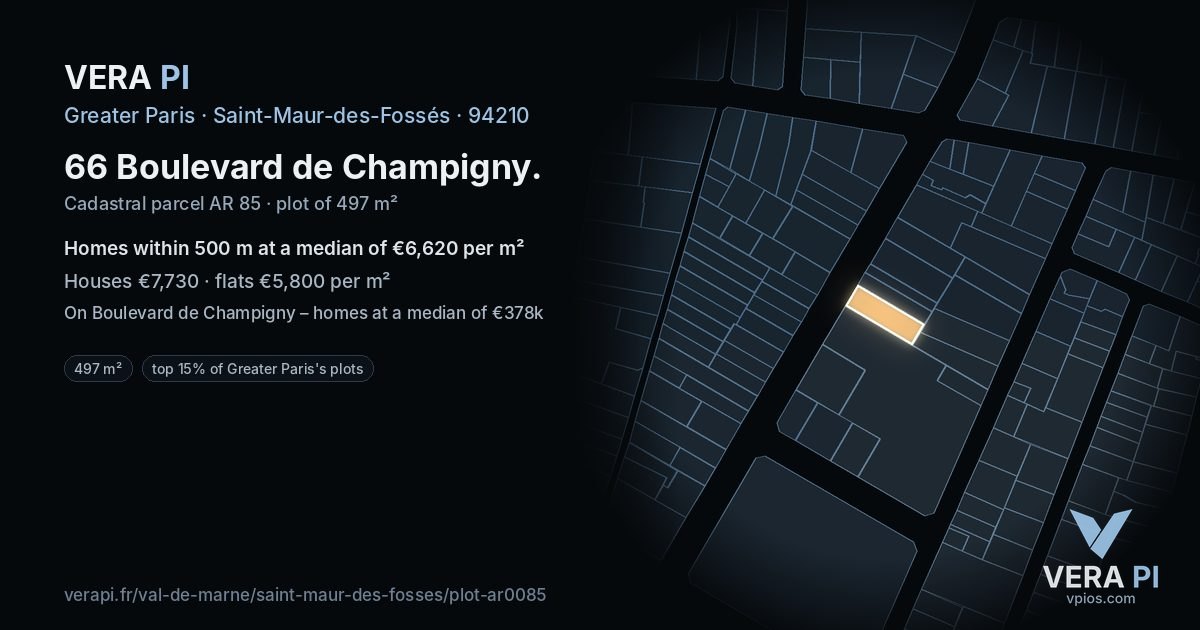 66 Boulevard de Champigny, Saint-Maur-des-Fossés at night – the plot lit, the parcels around coloured by the prices near them