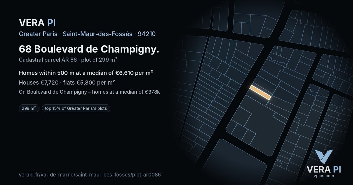 68 Boulevard de Champigny, Saint-Maur-des-Fossés at night – the plot lit, the parcels around coloured by the prices near them