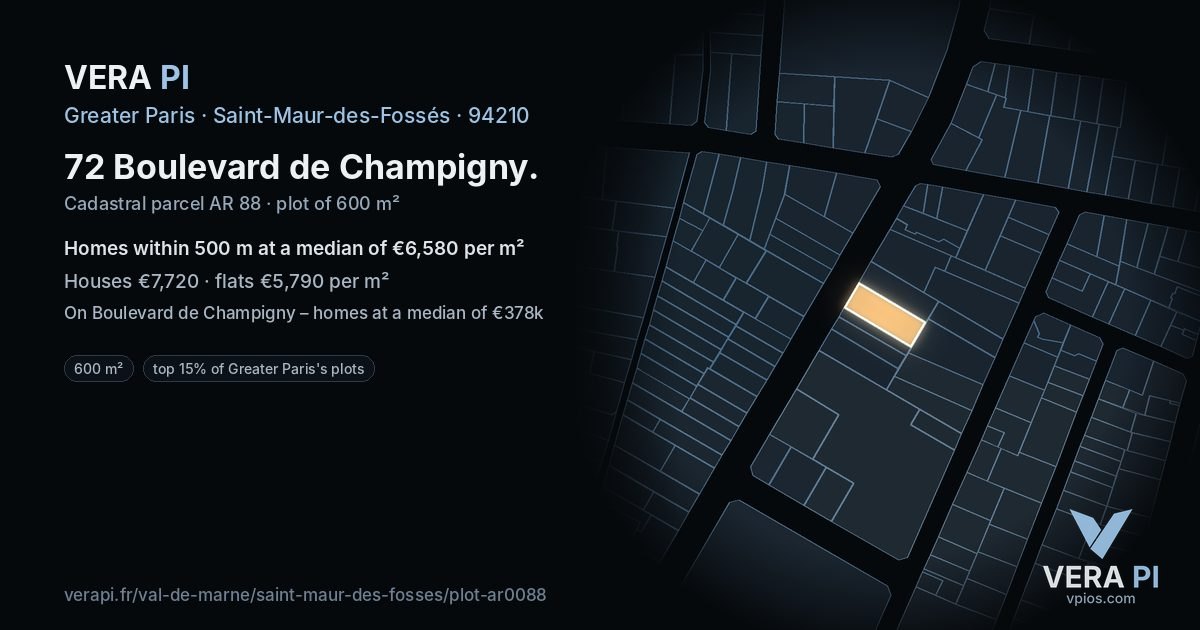 72 Boulevard de Champigny, Saint-Maur-des-Fossés at night – the plot lit, the parcels around coloured by the prices near them