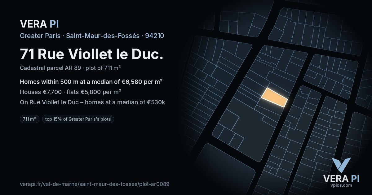 71 Rue Viollet le Duc, Saint-Maur-des-Fossés at night – the plot lit, the parcels around coloured by the prices near them