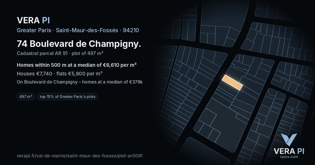 74 Boulevard de Champigny, Saint-Maur-des-Fossés at night – the plot lit, the parcels around coloured by the prices near them