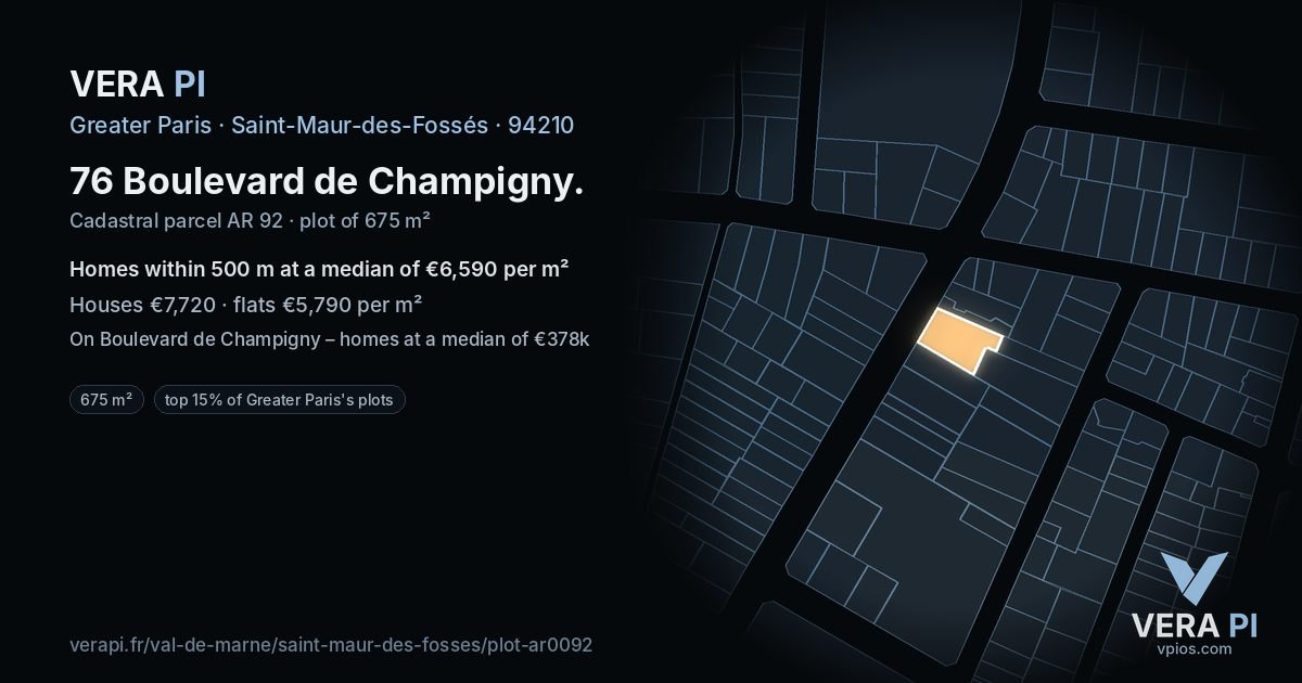 76 Boulevard de Champigny, Saint-Maur-des-Fossés at night – the plot lit, the parcels around coloured by the prices near them