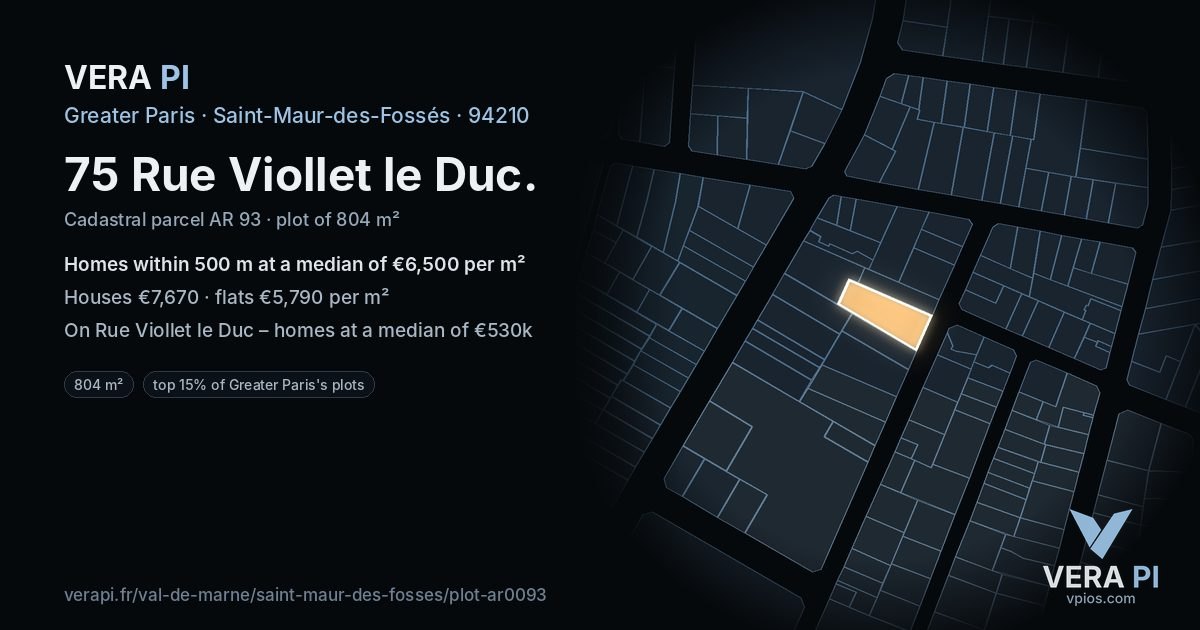 75 Rue Viollet le Duc, Saint-Maur-des-Fossés at night – the plot lit, the parcels around coloured by the prices near them