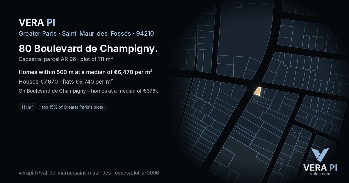 80 Boulevard de Champigny, Saint-Maur-des-Fossés at night – the plot lit, the parcels around coloured by the prices near them