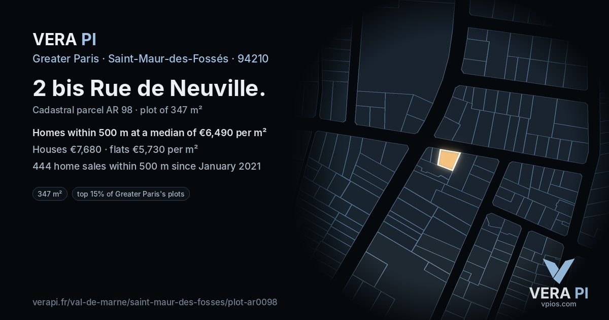 2 bis Rue de Neuville, Saint-Maur-des-Fossés at night – the plot lit, the parcels around coloured by the prices near them