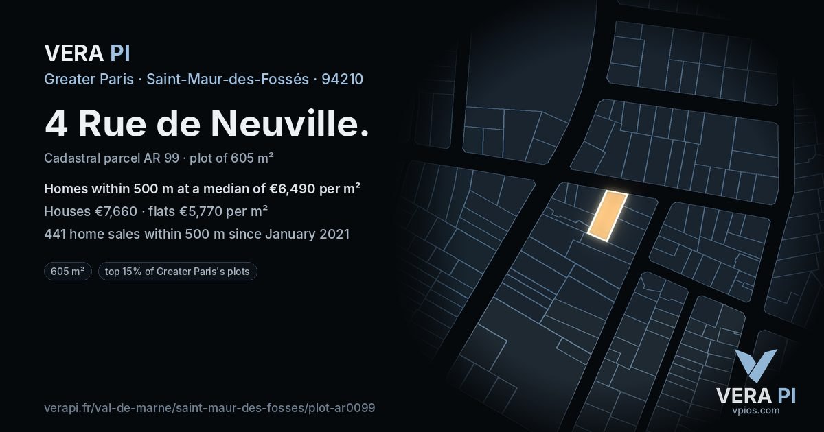 4 Rue de Neuville, Saint-Maur-des-Fossés at night – the plot lit, the parcels around coloured by the prices near them