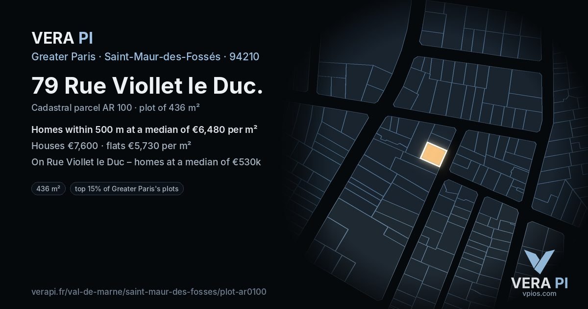 79 Rue Viollet le Duc, Saint-Maur-des-Fossés at night – the plot lit, the parcels around coloured by the prices near them